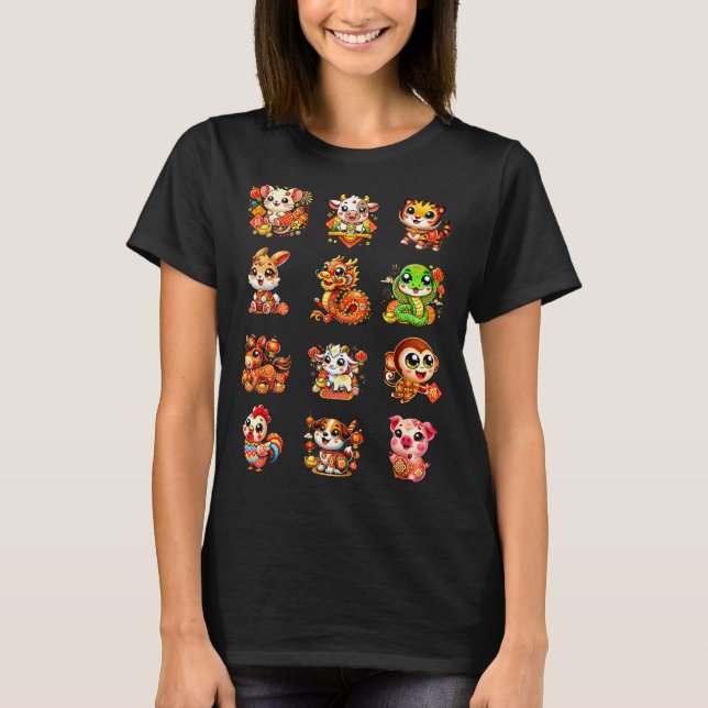 Chinese New Year Cute 12 Zodiac Animal Signs Lunar T-Shirt (Vorderseite)