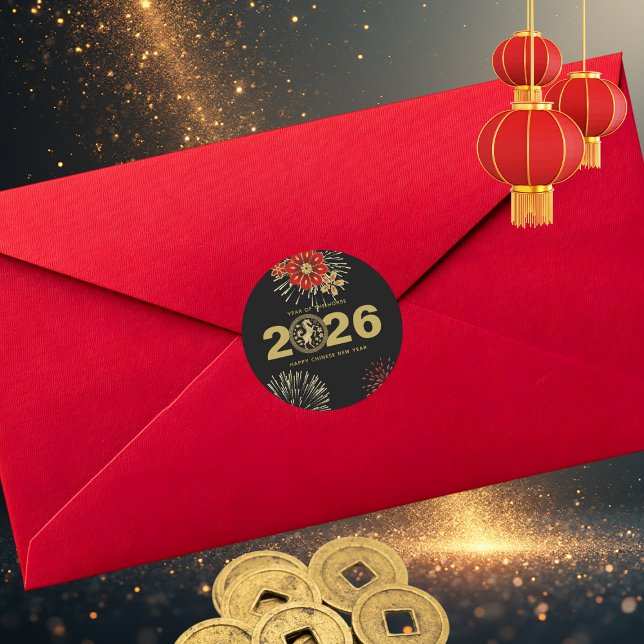 Chinese New Year of the Horse Black Gold Runder Aufkleber (Von Creator hochgeladen)