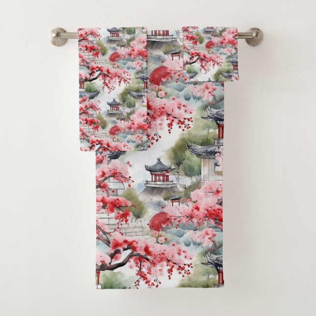 Chinese Pagoda Watercolor Pattern  Badhandtuch Set (Insitu)