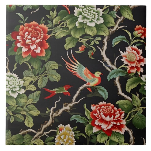 Chinese red green floral pattern tile fliese (Vorderseite)