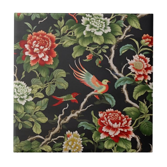 Chinese red green floral pattern tile fliese (Vorderseite)