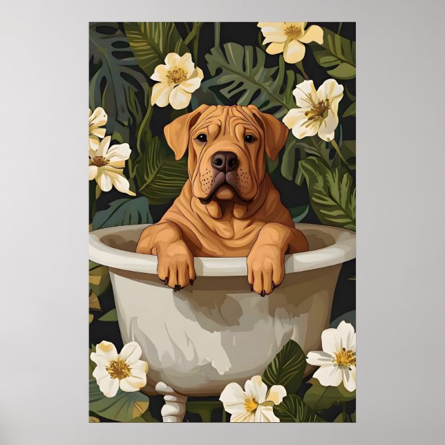 Chinese Shar Pei In Bathtub Poster, Funny Dog Poster (Vorne)