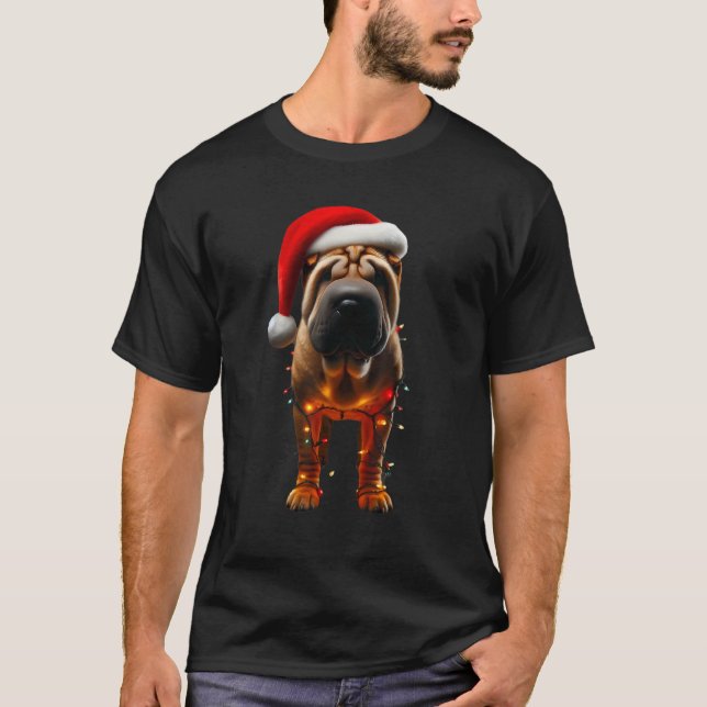Chinese Shar Pei Santa Hat Christmas Lights Dog Ow T-Shirt (Vorderseite)