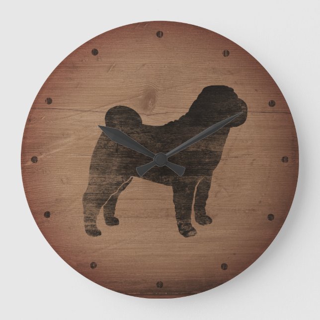 Chinese Shar Pei Silhouette Rustikal Große Wanduhr (Vorderseite)
