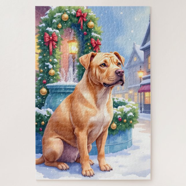 Chinese Shar-Pei Snowy Town Fountain Christmas Art Puzzle (Vertikal)