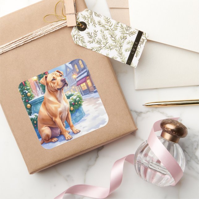 Chinese Shar-Pei Snowy Town Fountain Christmas Art Quadratischer Aufkleber (Schenken)