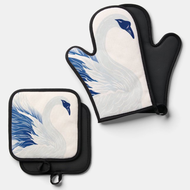 Chinese swan wings pattern (Persnalize) Ofenhandschuh & Topflappen-Set (Vorderseite/Rückseite)