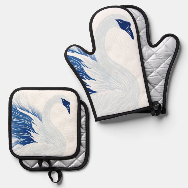 Chinese swan wings pattern (Persnalize) Ofenhandschuh & Topflappen-Set (Vorderseite/Rückseite)