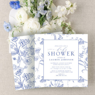 Chinesisch Blau-Weiße Vintage-Blumen-Baby-Party Einladung