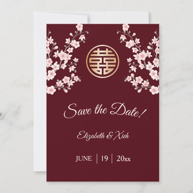 Chinesisch Hochzeit Dusty Pink Maroon Cherry Bloss Save The Date (Vorderseite)