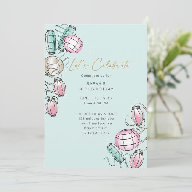 Chinesisch Lattern & Ribbon Thema Geburtstag Einla Mitteilungskarte (Stehend Vorderseite)