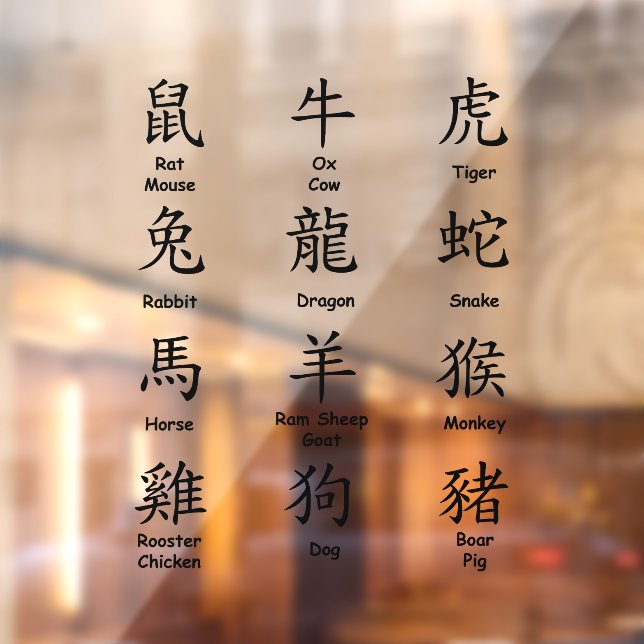 Chinesisch mit Zodiac Animals Black lesen Fensteraufkleber (Blatt 2)