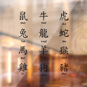 Chinesisch mit Zodiac Animals Black lesen Fensteraufkleber