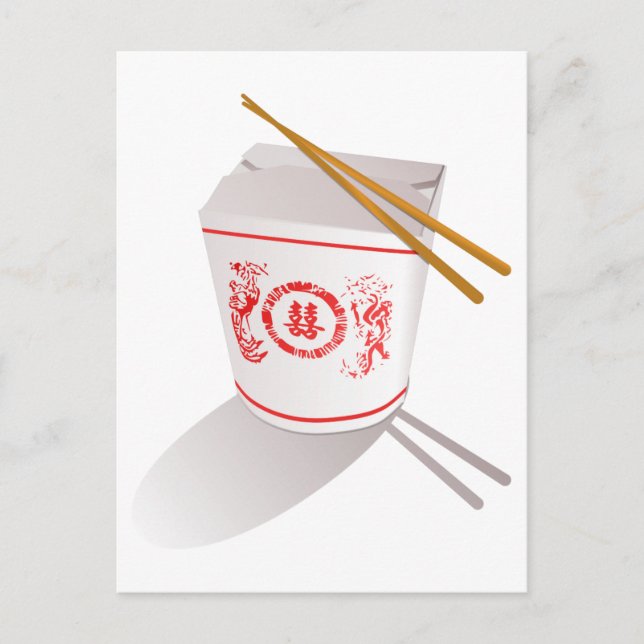 Chinesisch "Take Out Food Box" mit Chopsticks Postkarte (Vorderseite)