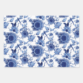 Chinesisch Vintag Blau und Weiß Chinoiserie Blumen Geschenkpapier Set