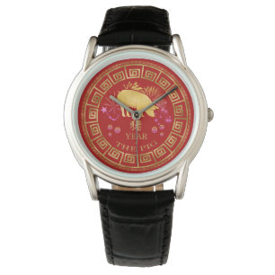 Chinesisch Zodiac Pig Red/Gold ID542 Armbanduhr