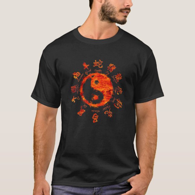 Chinesisch Zodiak Chart Yin Yang Symbol - Tai Chi  T-Shirt (Vorderseite)