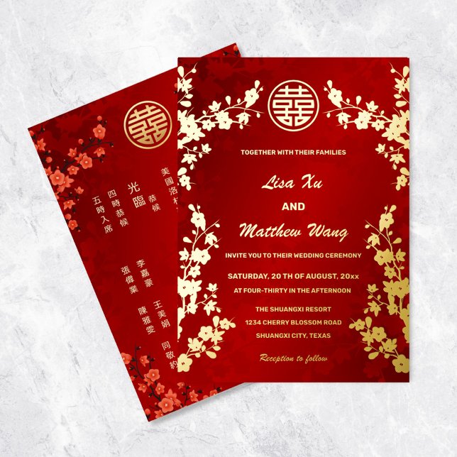 Chinesisch zweisprachig | Red Cherry Blossom Weddi Folieneinladung (Von Creator hochgeladen)