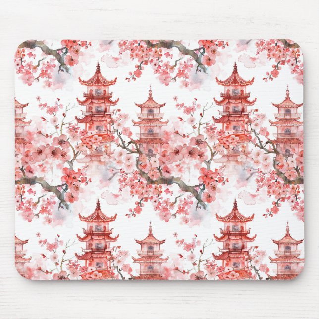 Chinesische Aquarellpagode mit Kirschblüten (3) Mousepad (Vorne)