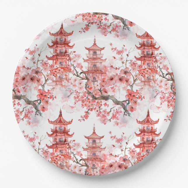 Chinesische Aquarellpagode mit Kirschblüten (3) Pappteller (Vorderseite)