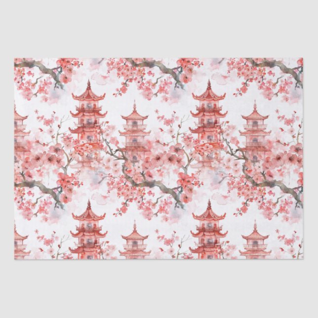 Chinesische Aquarellpagode mit Kirschblüten (3) Seidenpapier (Vorderseite)