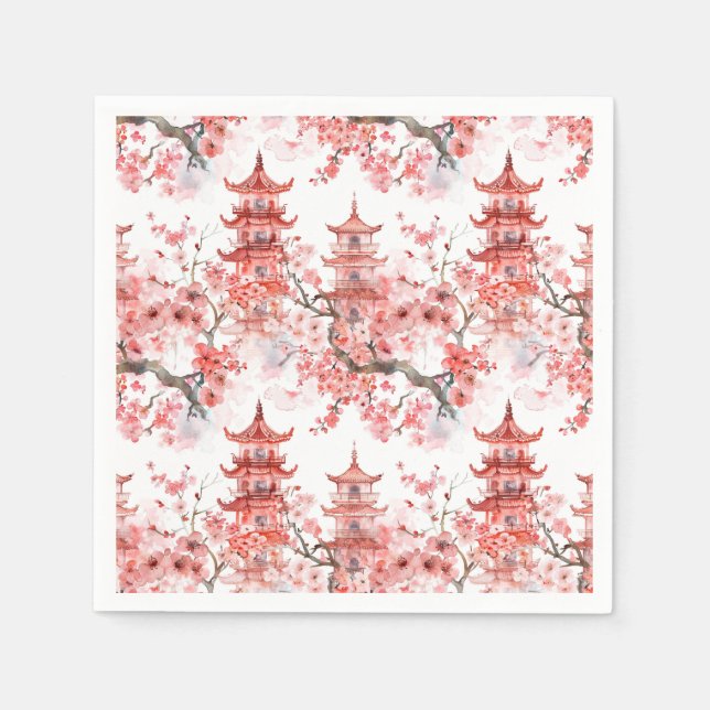 Chinesische Aquarellpagode mit Kirschblüten (3) Serviette (Vorderseite)
