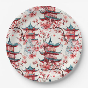 Chinesische Aquarellpagode mit Kirschblüten (8) Pappteller