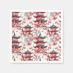 Chinesische Aquarellpagode mit Kirschblüten (8) Serviette
