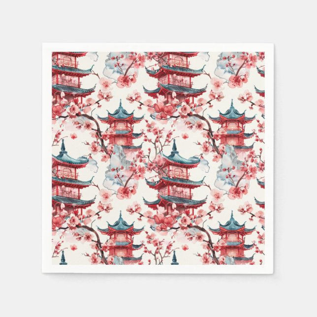 Chinesische Aquarellpagode mit Kirschblüten (8) Serviette (Vorderseite)