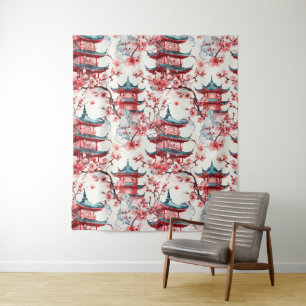 Chinesische Aquarellpagode mit Kirschblüten (8) Wandteppich