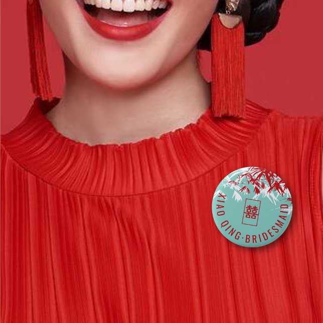 Chinesische Bambus-Blätter Tree Nature Wedding Nam Button (Red/Turquoise Zen Bamboo Leaves Modern Chinese Wedding Name Tag Pinback Button @ fatfatin_red_knot)