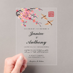 Chinesische Blume Malerei Vögel Hochzeitsempfang Acryleinladungen