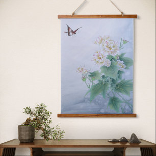 Chinesische Blume mit Schmetterling Wandteppich Mit Holzrahmen