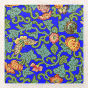 Chinesische Blume und Schmetterlinge aus antikem P Glasuntersetzer