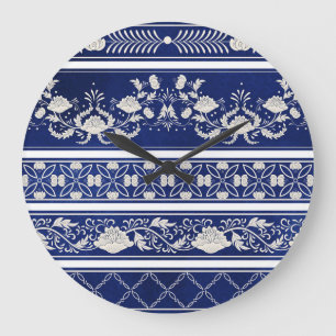 Chinesische Blumen Blau: Vintage-Wasserfarbenrände Große Wanduhr