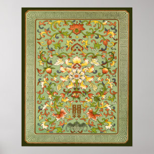 Chinesische Blumenpfingstrosen-Rollen auf Jade Poster