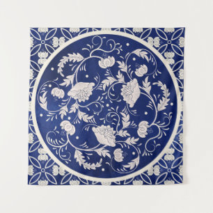 Chinesische Blumenrunde: Vintages blaues Wasser Wandteppich