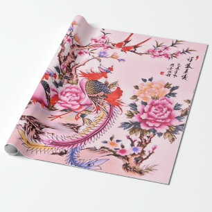 Chinesische Blumenvögel Rosa Chinoiserie Dekoupage Geschenkpapier