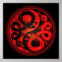 Chinesische Drachen aus Rot und Schwarz Yin Yang