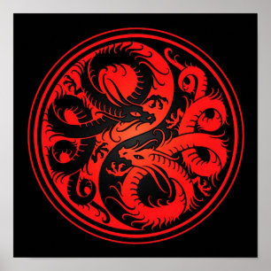 Chinesische Drachen aus Rot und Schwarz Yin Yang Poster