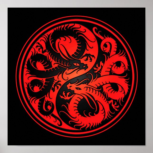 Chinesische Drachen aus Rot und Schwarz Yin Yang Poster (Vorne)