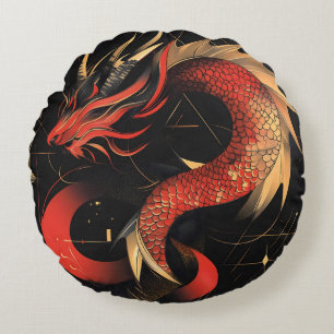Chinesische Drachenkunst mit majestätischer Rot- u Rundes Kissen