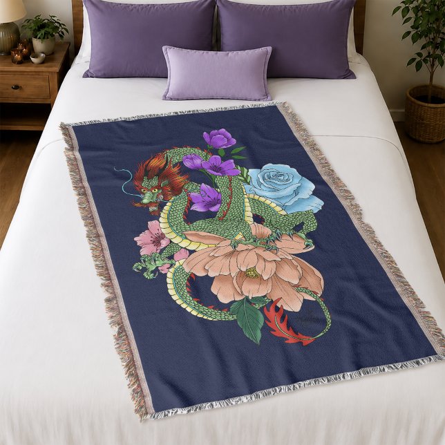 Chinesische Dragon Navy Blue Blumen Decke (Von Creator hochgeladen)