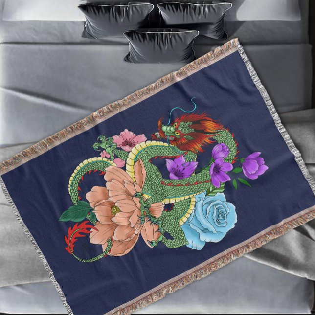 Chinesische Dragon Navy Blue Blumen Decke (Von Creator hochgeladen)