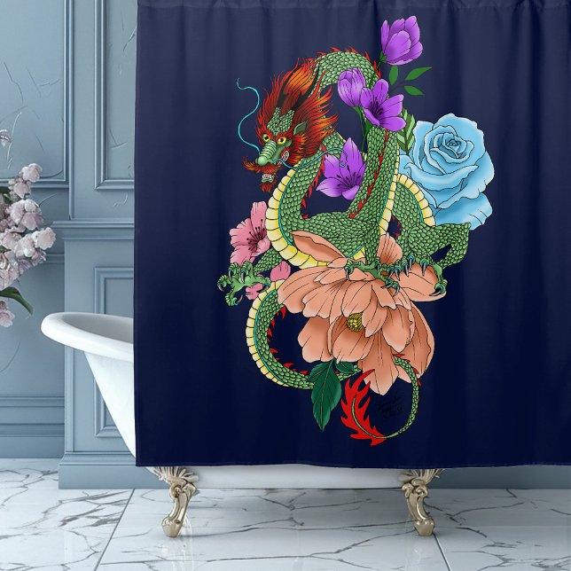 Chinesische Dragon Navy Blue Blumen Duschvorhang (Von Creator hochgeladen)