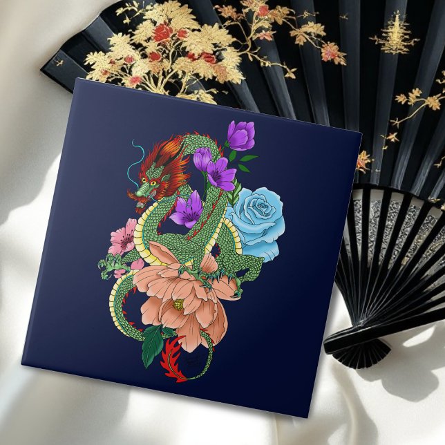 Chinesische Dragon Navy Blue Blumen Fliese (Von Creator hochgeladen)
