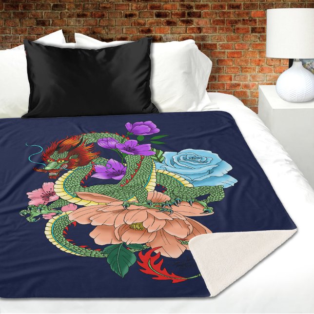 Chinesische Dragon Navy Blue Blumen Sherpadecke (Von Creator hochgeladen)
