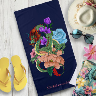 Chinesische Dragon Navy Blue Blumen Strandtuch