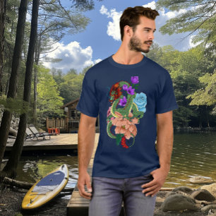 Chinesische Dragon Navy Blue Blumen T-Shirt