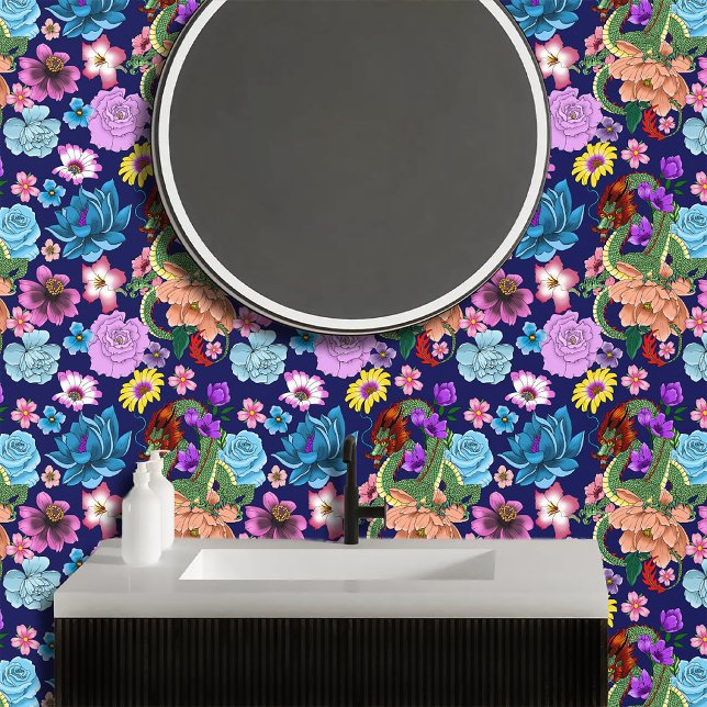 Chinesische Dragon Navy Blue Blumen Tapete (Von Creator hochgeladen)
